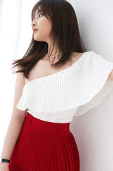 Asymmetric pleated silk blouse with one-shoulder neckline and sculptural ruffle detail